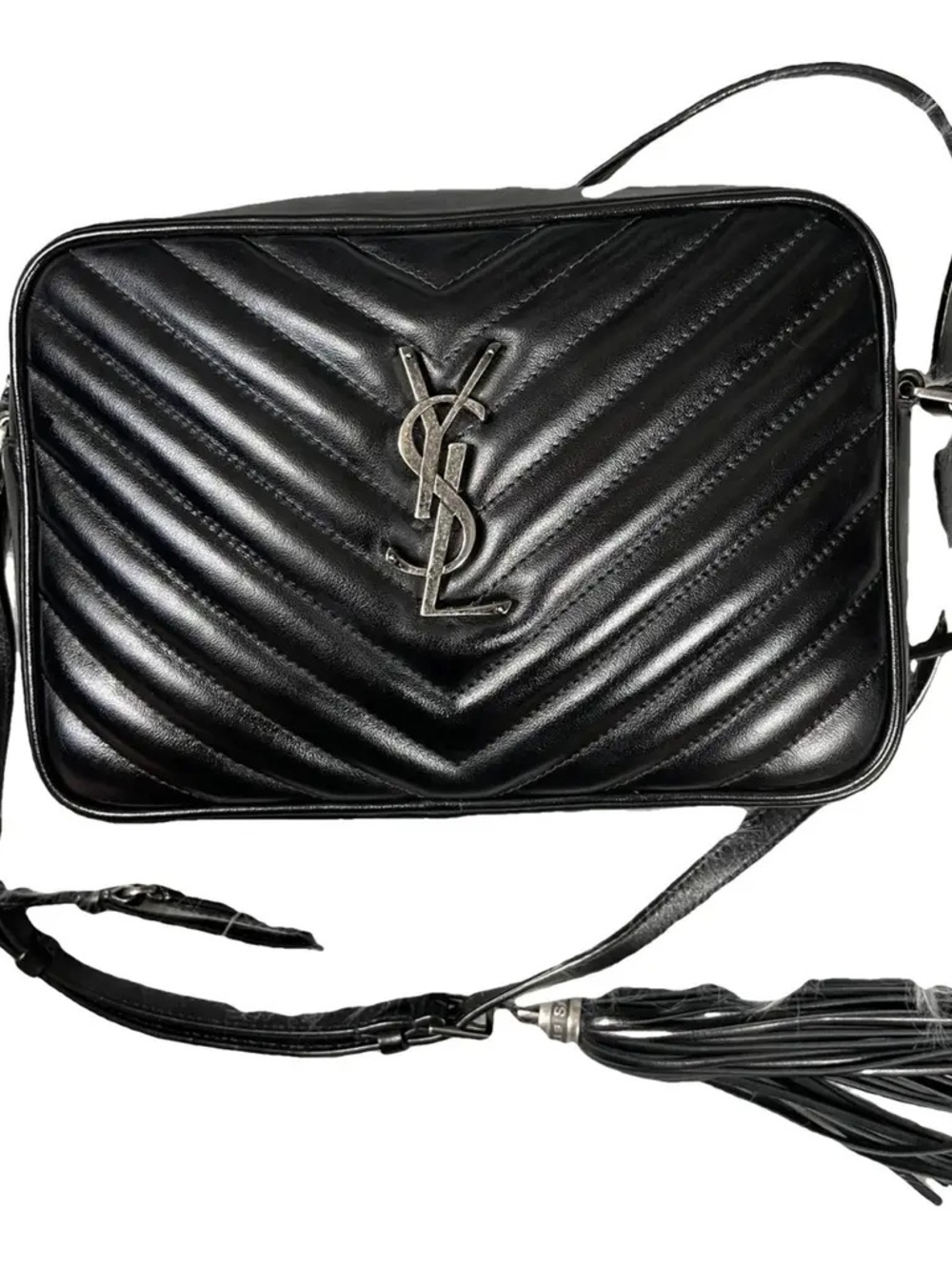 Saint Laurent Black Chevron Quilted Leather Crossbody Bag with Tassel silverlogo - Picture 11 of 16